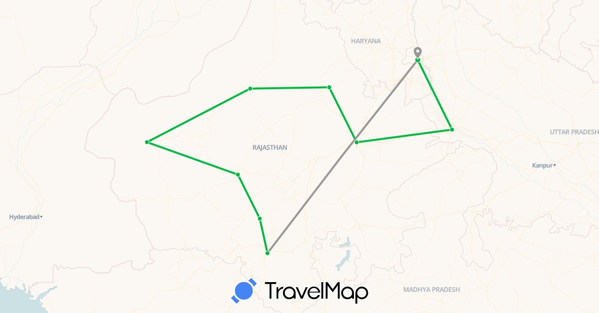 TravelMap itinerary: bus, plane in India (Asia)
